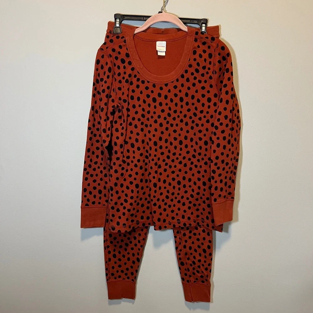 Hanna Andersson Pajama Set Womens L Top M Bottom Organic Cotton Polka Dot Rust